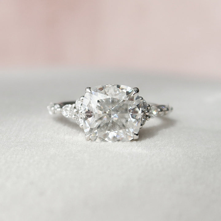 Pave Setting Diamond Ring Featuring a Cushion Cut Brilliance
