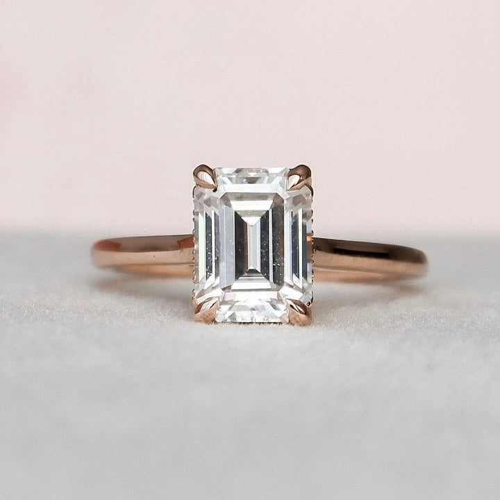 Emerald cut Single Claw Prong Setting Hidden Halo Moissanite Handmade Ring
