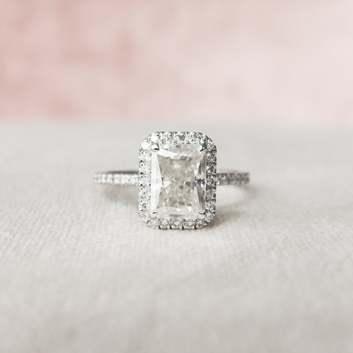Refined 4.98 CT Radiant Moissanite Wedding Ring with Clean Straight Setting and Hidden Halo