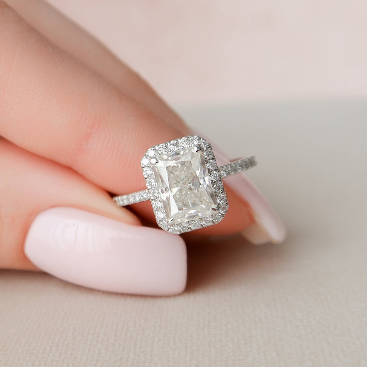 Refined 4.98 CT Radiant Moissanite Wedding Ring with Clean Straight Setting and Hidden Halo