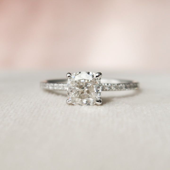 Hidden Halo Ring, 1.95 CT Cushion Cut and Round Cut Moissanite Engagement Ring