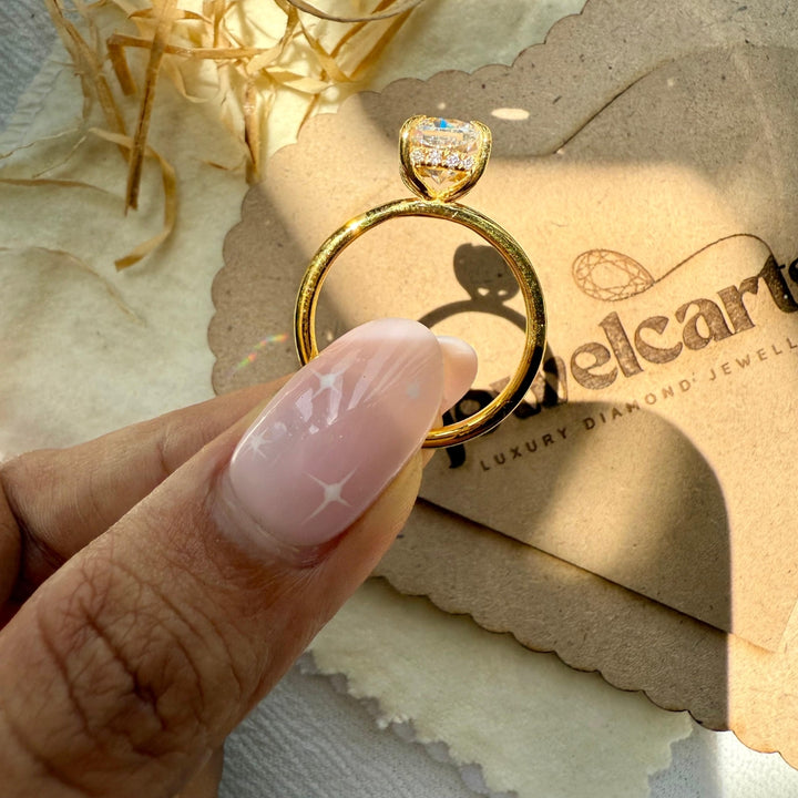 Cushion Diamond Engagement Ring Set in Hidden Halo Style