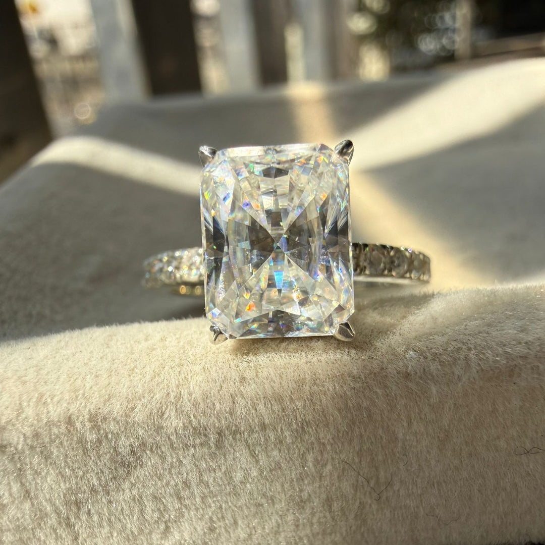 Hidden Halo Radiant Cut Diamond Ring with Sparkling Band