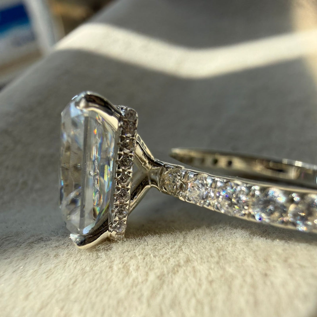 Hidden Halo Radiant Cut Diamond Ring with Sparkling Band