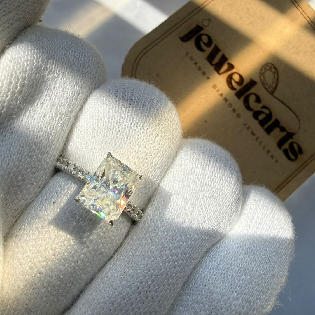 Hidden Halo Radiant Cut Diamond Ring with Sparkling Band