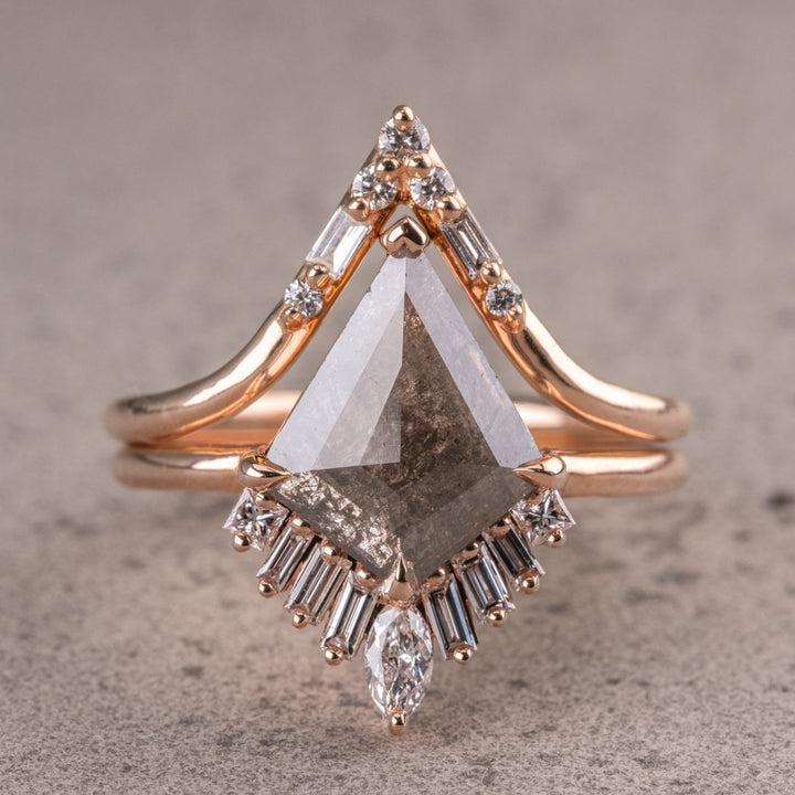 2.15 CT Kite Cut Dark Gray Natural Salt And Pepper With Side Stone Handmade Ring