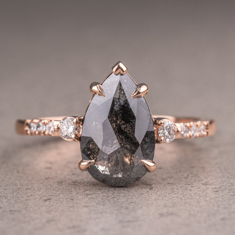 Natural Salt and Pepper Pear Cut Diamond Ring