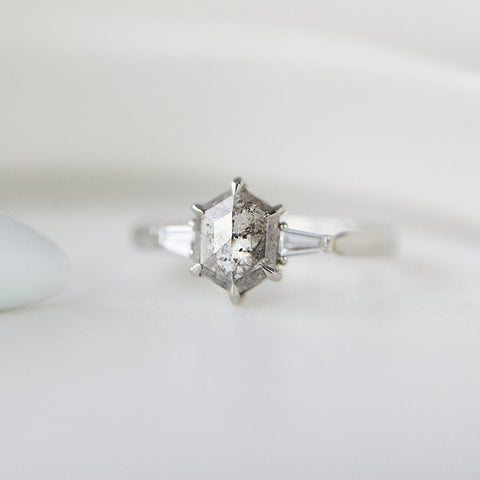 Natural Salt And Pepper 3.25 CT Hexagon Cut Wedding Ring