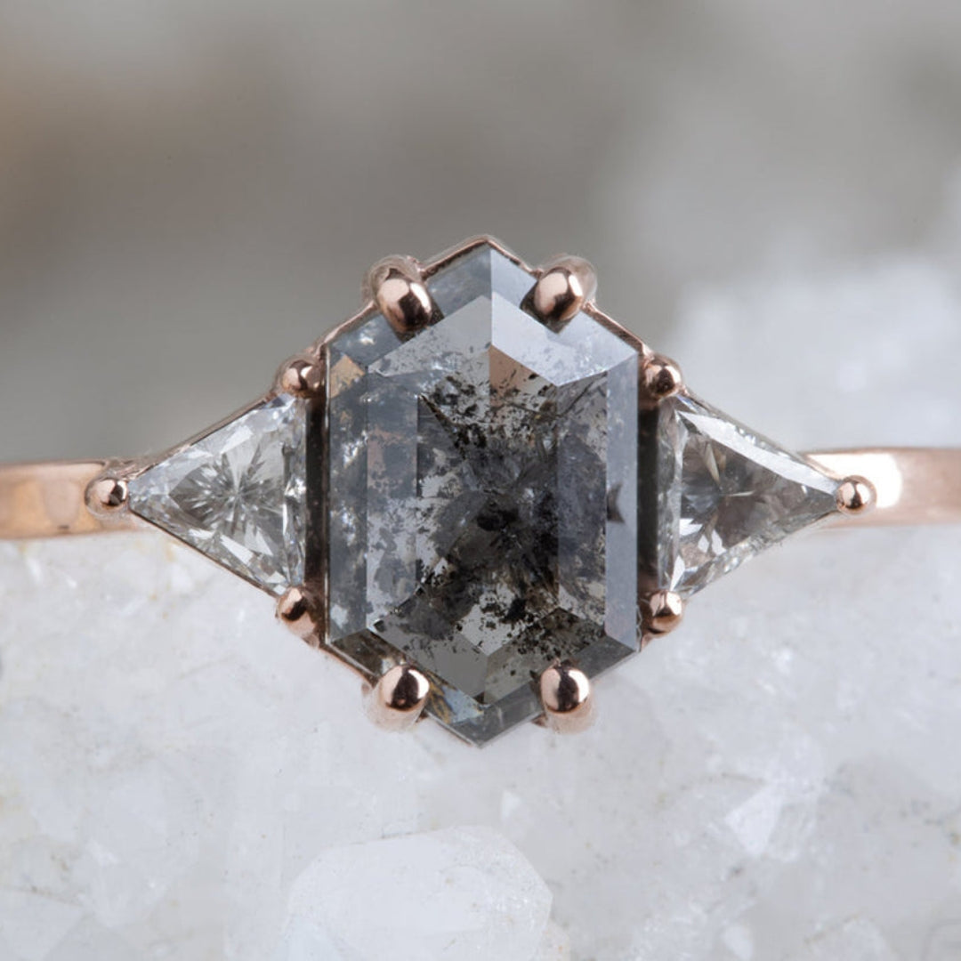 Natural Salt And Pepper 2.50 CT Hexagon Cut Anniversary Ring