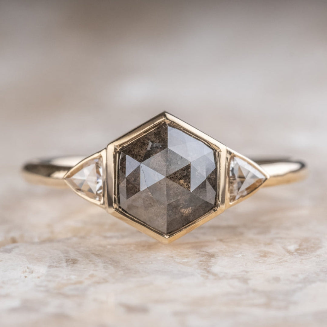 Natural Salt And Pepper 1.30 CT Hexagon Cut Anniversary Ring