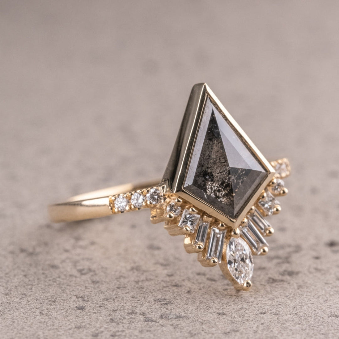 Natural Salt And Pepper 1.85 CT Kite Cut Anniversary Ring