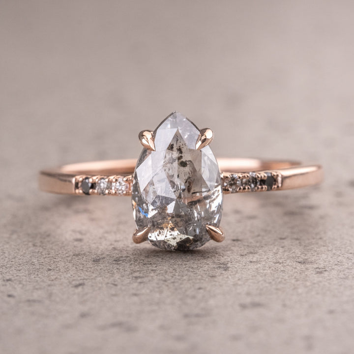 1.70 CT Pear Cut Diamond Ring, Pear Natural Salt And Pepper Diamond Side Stone Engagement Ring