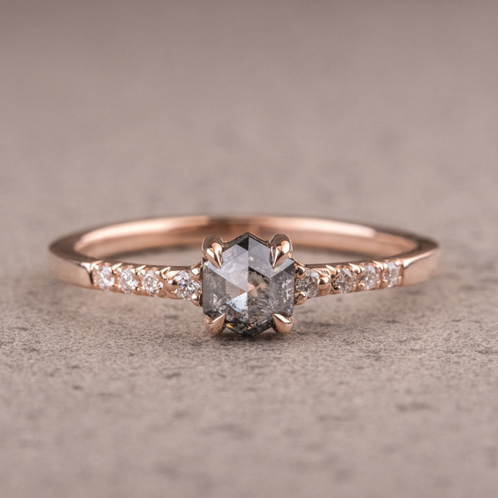 1.50 CT Hexagon Cut Side Stone Natural Salt And Pepper Handmade Ring