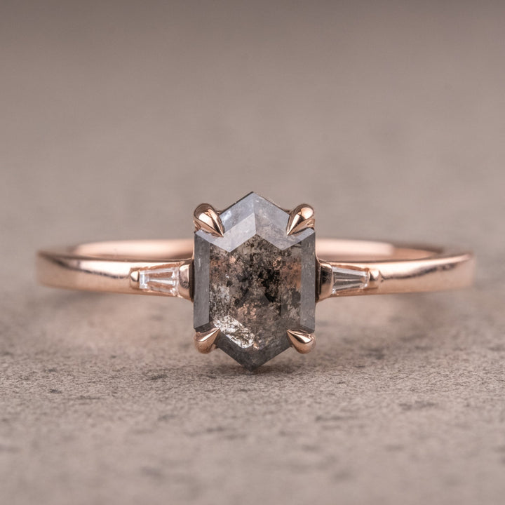 Hexagon Cut Natural Salt And Pepper Diamond Three Stone Wedding Ring