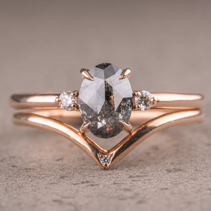 1.55 CT Oval Cut Three Stone Natural Salt And Pepper Engagement Ring