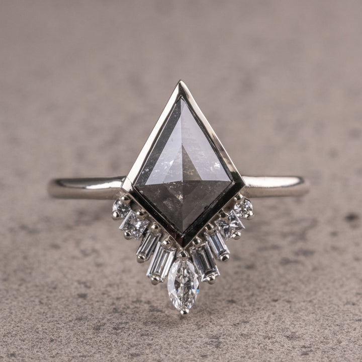 Brilliant 1.90 CT Kite  Natural Salt And Pepper Side Stone Engagement Ring