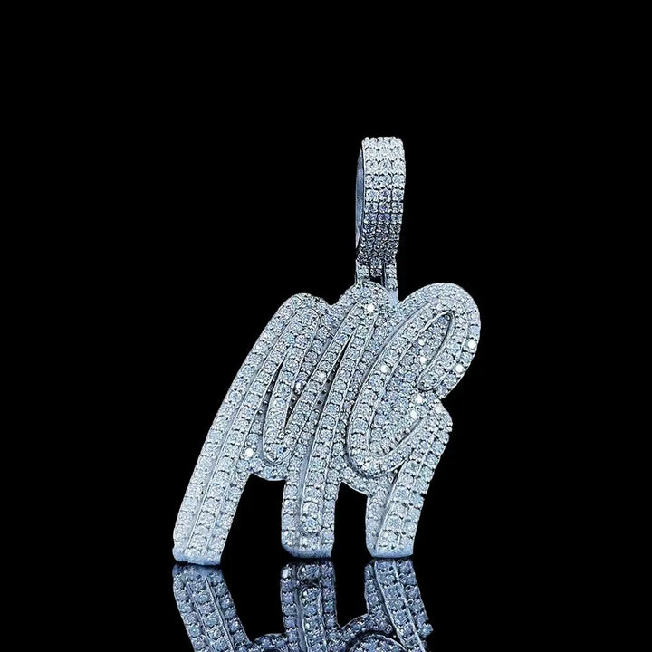 MG Iced Script Moissanite Pendant in 925 Sterling Silver Close Up Front View