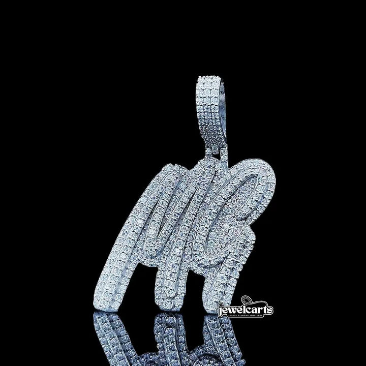 MG Iced Script Moissanite Pendant in 925 Sterling Silver Front View