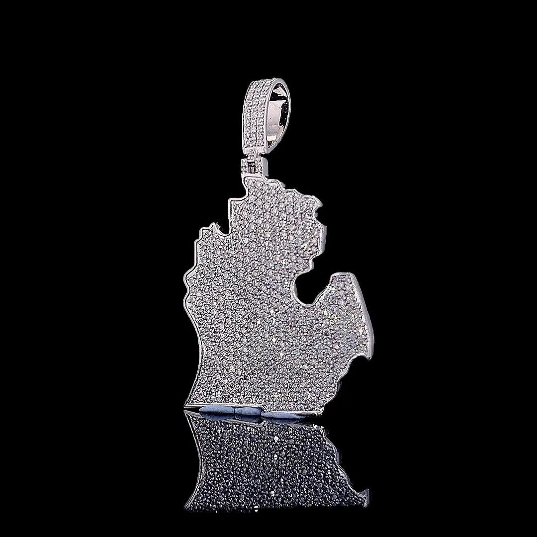 Map Masterpiece Moissanite Emblem Pendant in 925 Sterling Silver Close Up Front View