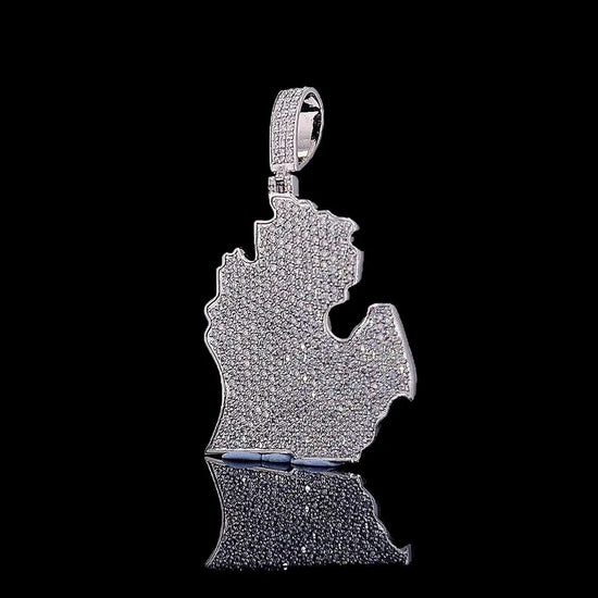Map Masterpiece Moissanite Emblem Pendant in 925 Sterling Silver Close Up Front View