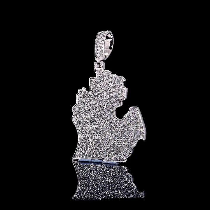 Map Masterpiece Moissanite Emblem Pendant in 925 Sterling Silver Close Up Front View