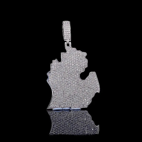 Map Masterpiece Moissanite Emblem Pendant in 925 Sterling Silver Close Up Profile View