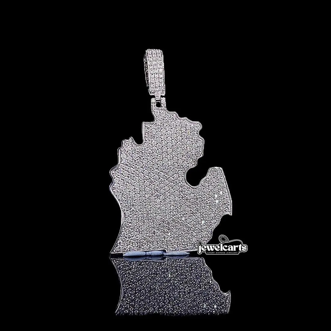 Map Masterpiece Moissanite Emblem Pendant in 925 Sterling Silver Front View