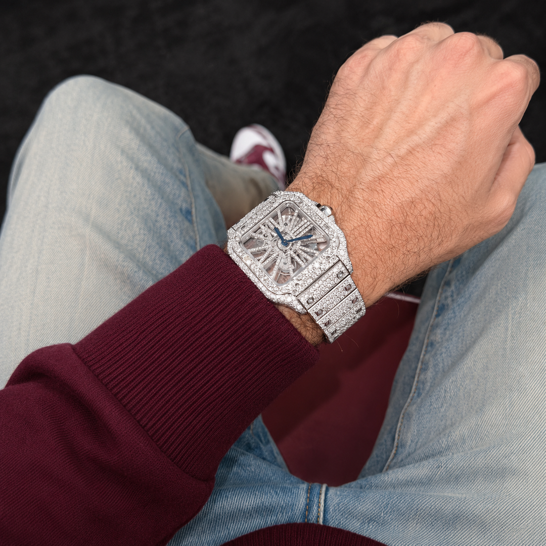 Moissanite Watch close up with iced out bezel and bracelet