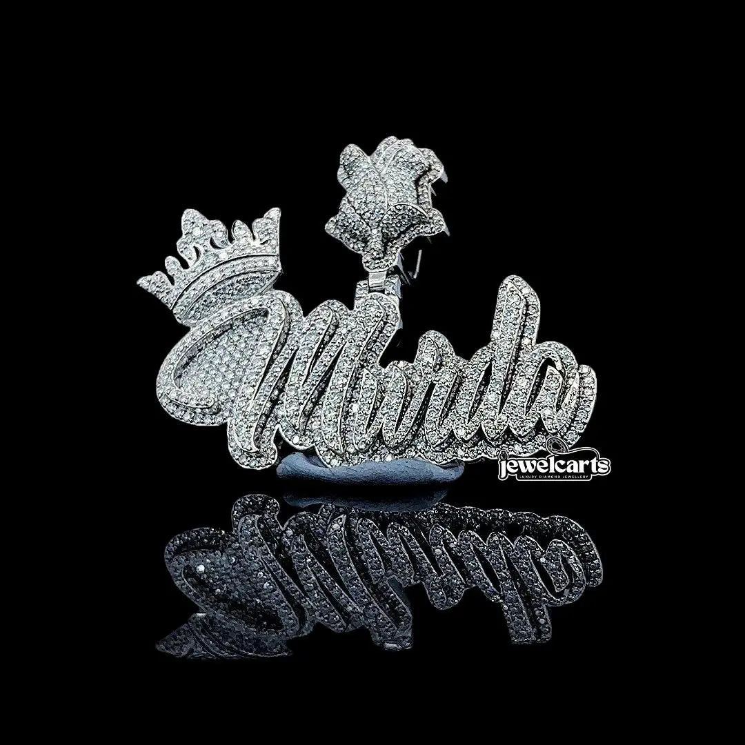 Murda Crowned Legacy Moissanite Script Pendant in 925 Sterling Silver Front View