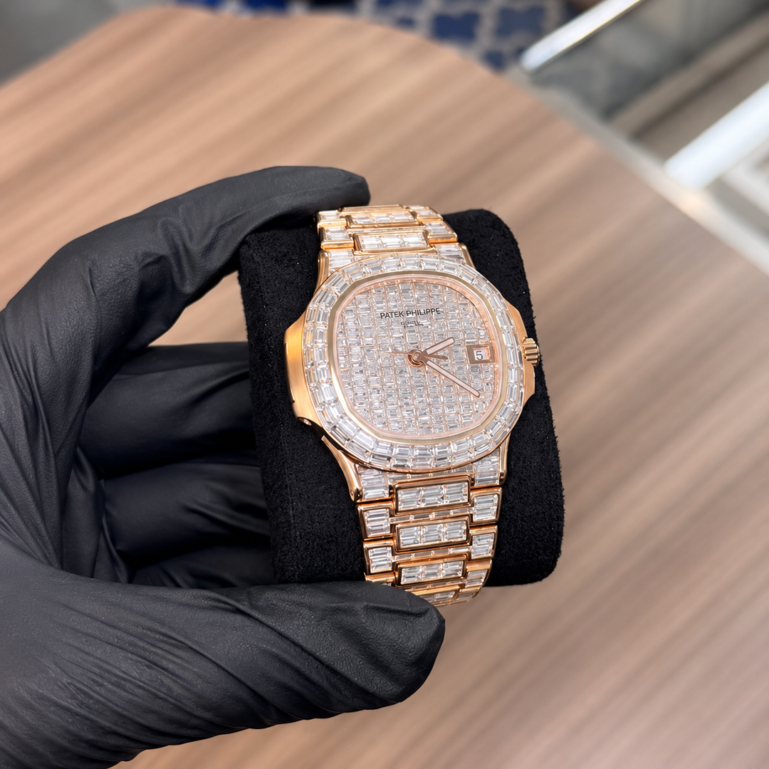 Patek Moissanite Watch with Nautilus style iced out bezel and bracelet