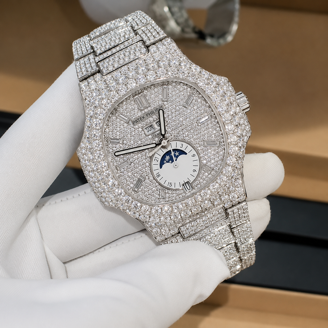 Patek Philippe Moissanite Watch with Nautilus style case on wrist