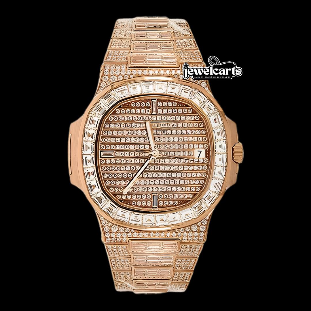 Patek Philippe Nautilus Baguette Diamond Fully Iced Out Rose Gold Moissanite Watch Front View