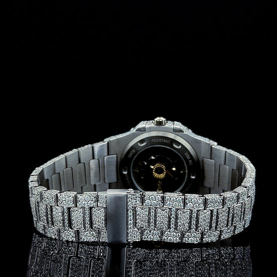 Patek Philippe Nautilus Black Stick Markers Dial Fully Iced Out Moissanite Watch Caseback View