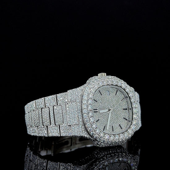 Patek Philippe Nautilus Black Stick Markers Dial Fully Iced Out Moissanite Watch Right Profile View