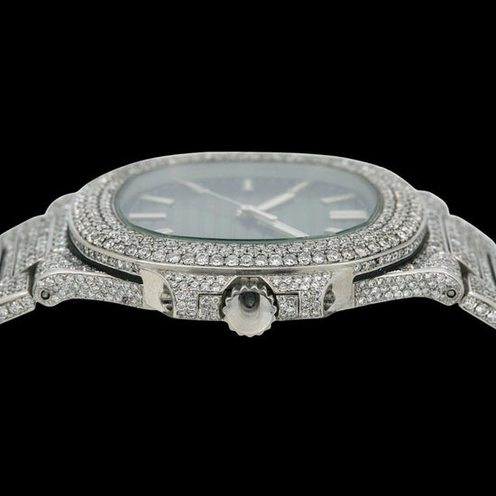 Patek Philippe Nautilus Blue Dial Stick Markers Fully Iced Out Moissanite Watch Crown View