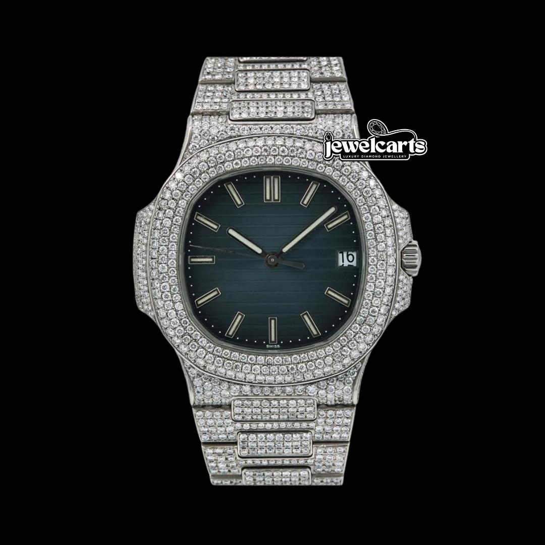Patek Philippe Nautilus Blue Dial Stick Markers Fully Iced Out Moissanite Watch Front View