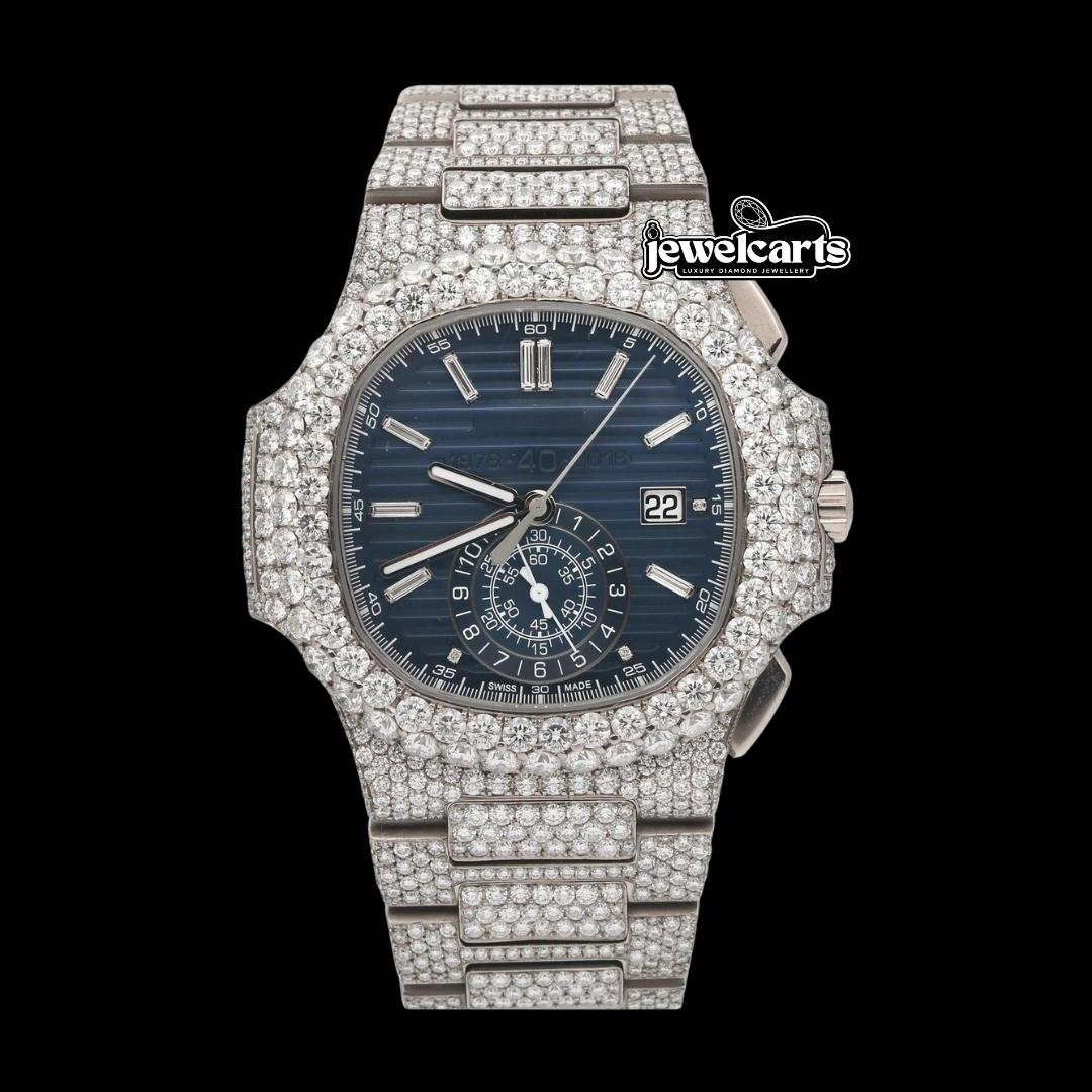 Patek Philippe Nautilus Blue Subdial Stick Markers Fully Iced Out Moissanite Watch Front View