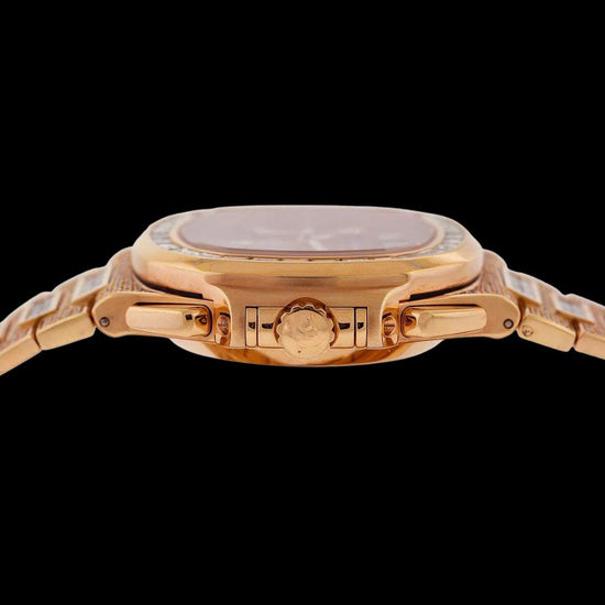 Patek Philippe Nautilus Brown Dial Diamond Markers Dial Rose Gold Iced Out Watch Crown View