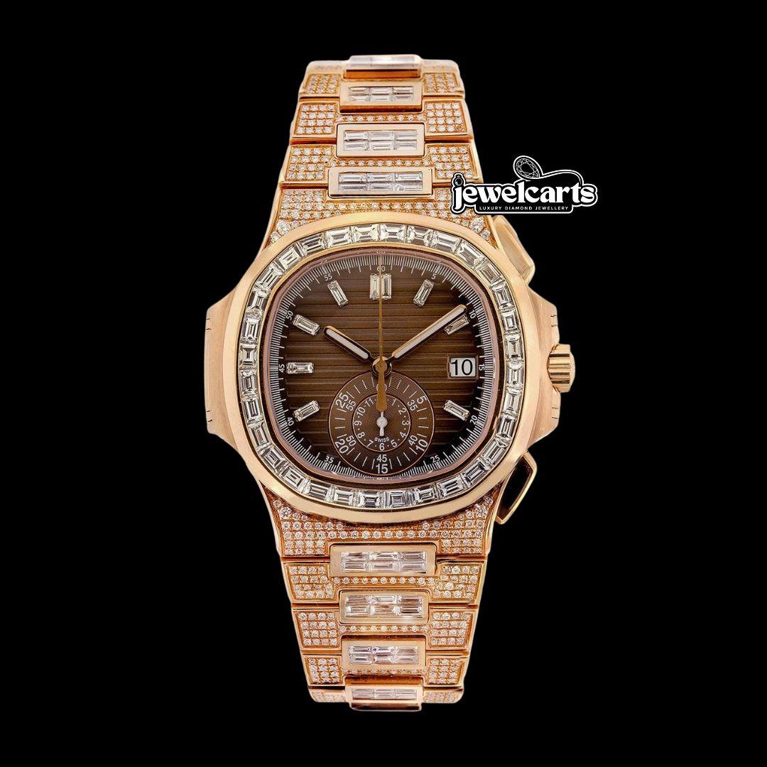 Patek Philippe Nautilus Brown Dial Diamond Markers Dial Rose Gold Iced Out Watch Front View