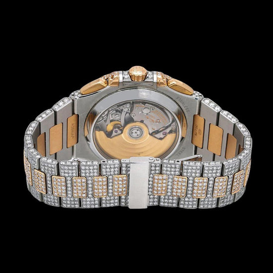 Patek Philippe Nautilus Chronograph Subdial Two Tone Rose Gold Iced Out Moissanite Watch Caseback View