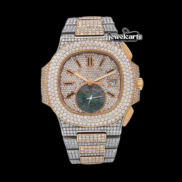 Patek Philippe Nautilus Chronograph Subdial Two Tone Rose Gold Iced Out Moissanite Watch Front View