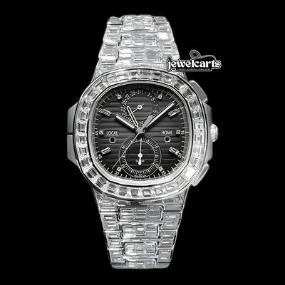 Patek Philippe Nautilus Diamond Markers Black Dial Fully Iced Out Baguette Moissanite Watch