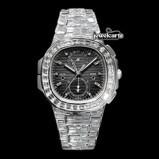 Patek Philippe Nautilus Diamond Markers Black Dial Fully Iced Out Baguette Moissanite Watch Front View