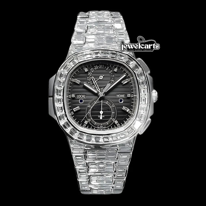 Patek Philippe Nautilus Diamond Markers Black Dial Fully Iced Out Baguette Moissanite Watch Front View