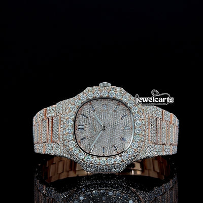 Patek Philippe Nautilus Diamond Markers Dial Fully Iced Out Rose Gold Moissanite Watch