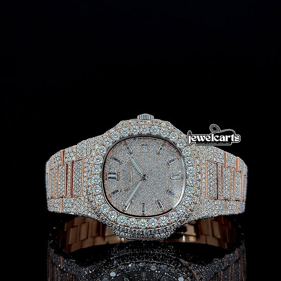 Patek Philippe Nautilus Diamond Markers Dial Fully Iced Out Rose Gold Moissanite Watch Front View
