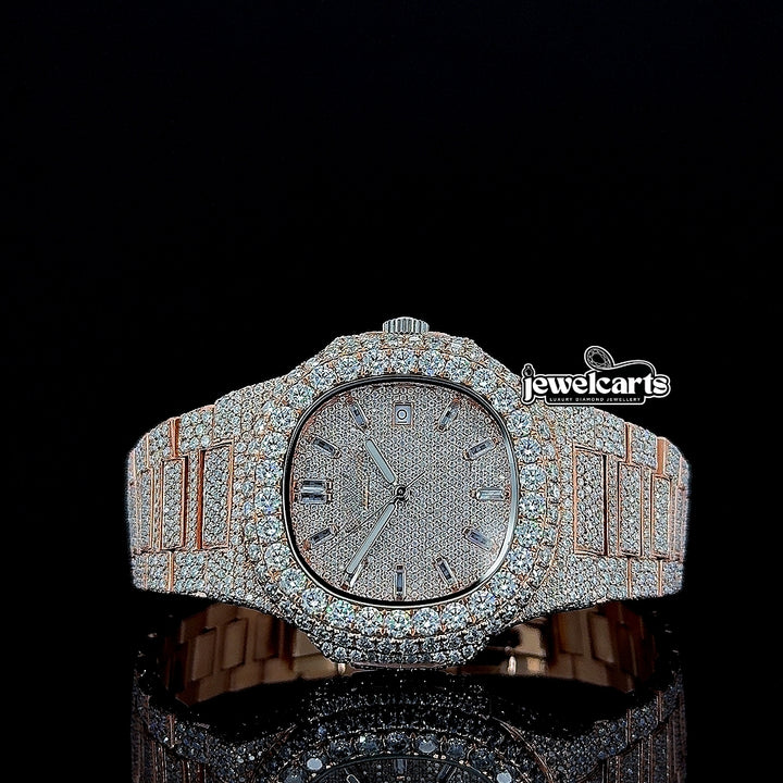 Patek Philippe Nautilus Diamond Markers Dial Fully Iced Out Rose Gold Moissanite Watch Front View