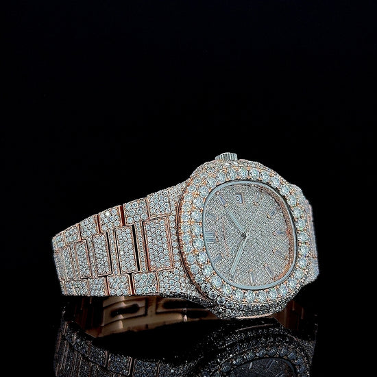 Patek Philippe Nautilus Diamond Markers Dial Fully Iced Out Rose Gold Moissanite Watch Right Profile View