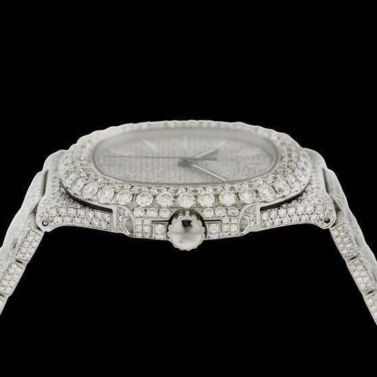 Patek Philippe Nautilus Diamond Pave Dial White Stick Markers Iced Out Moissanite Watch Crown View