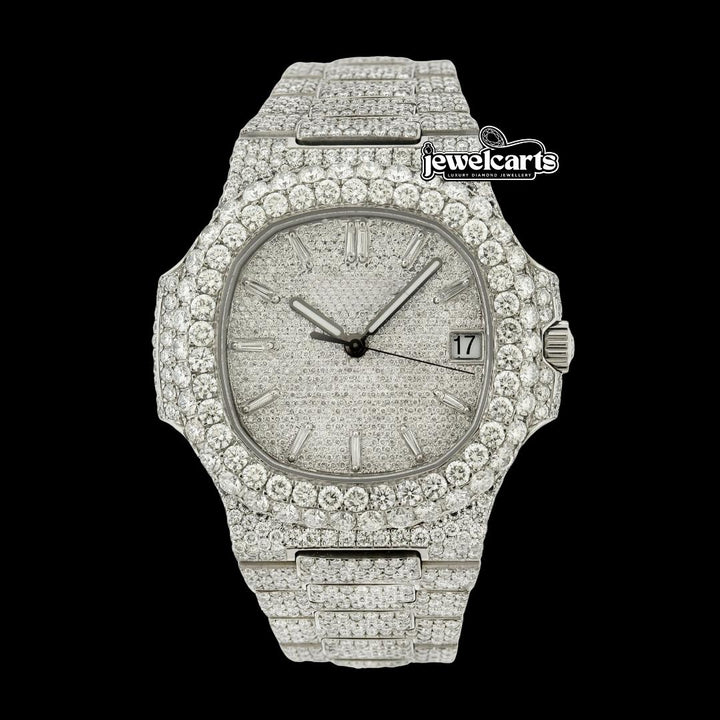 Patek Philippe Nautilus Diamond Pave Dial White Stick Markers Iced Out Moissanite Watch Front View